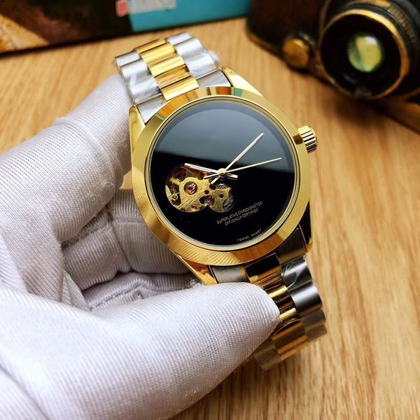 

горячие роскошные мужские часы top brand механический автоматический маховик золото 39 мм циферблат полный нержавеющая сталь группа часы для, Slivery;brown