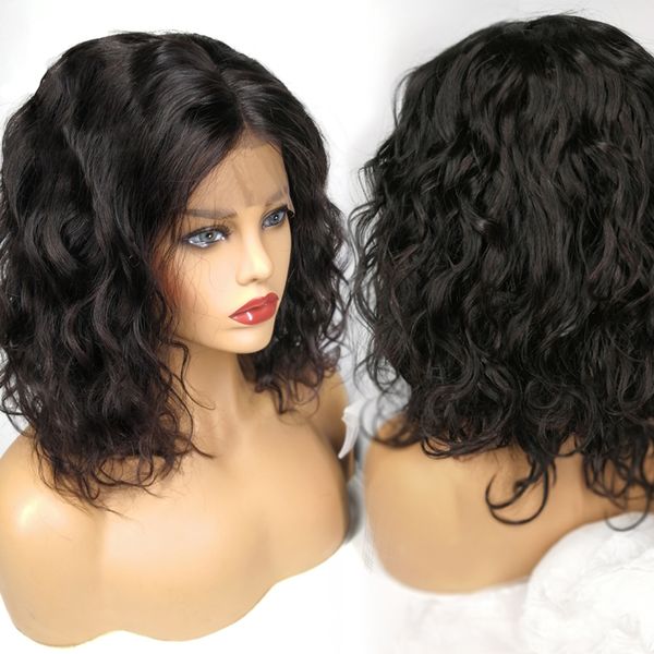 

body wave lace front human hair wigs for black women pre plucked with full frontal baby hair brazilian hair wavy short bob wig, Black;brown