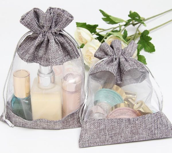

10x14cm clear window jute gift bag burlap party favor sack bag linen drawstring pouch organza jewelry gift candy bag sn1393