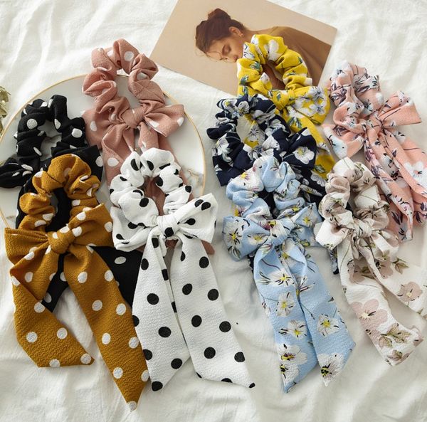

ins spring summer bright rose floral hair scrunchies women accessories hair bands ties ponytail holder rubber rope decoration long bowknot b, Slivery;white