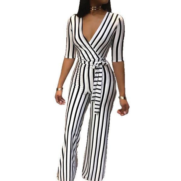 

stripe jumpsuit women summer deep v-beck half sleeve bodysuit women fashion ladies office lady pants trouser women overalls cx200606, Black;white