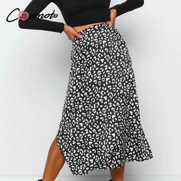 

conmoto leopard print summer 2020 casual midi skirt women high waist slit skirts ladies plus size high fashion skirt, Black