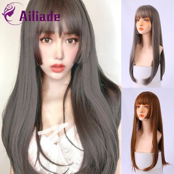

synthetic wigs ailiade 22" long wig with bangs brown gray color heat resistant hair for women natural headline daily cosplay, Black