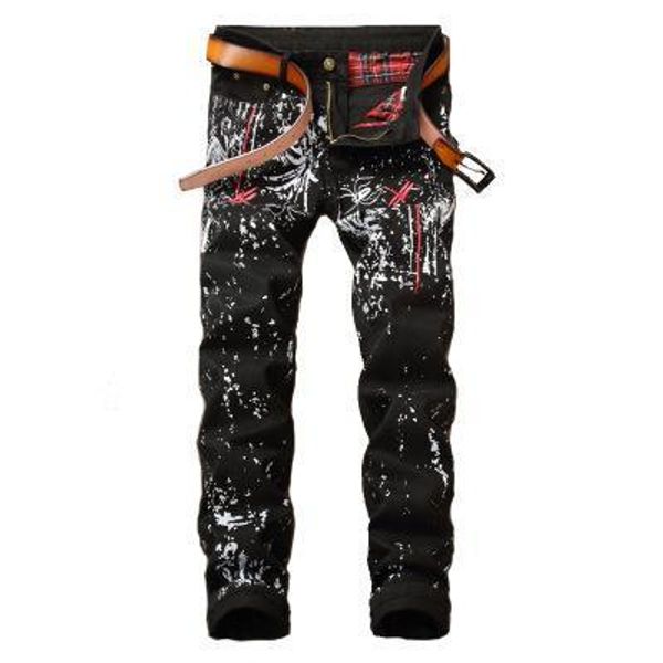 

2020 новых людей способа конструктора джинсы черные мелкие прямые граффити улице высокие уличные джинсы украшения пламени печати, Blue