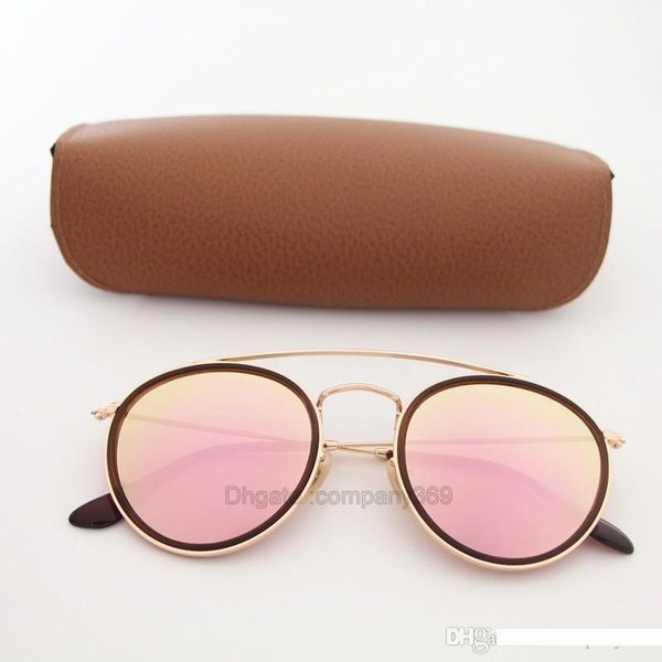 

1pcs new round style 3647 sunglasses gold frame pink mirror glass lens 51mm for men women retro eyewear with brown package, White;black