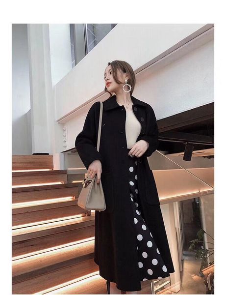 

fashion solid long winter fashion wool coats office lady wide-waisted wool blend coat and jacket single breasted coat femenino, Black