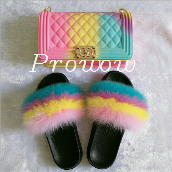 

fluffy women fur slippers set-handbag real fur sweet slides shoes rainbow colorful jelly shoulder bag candy crossbody purse, Black