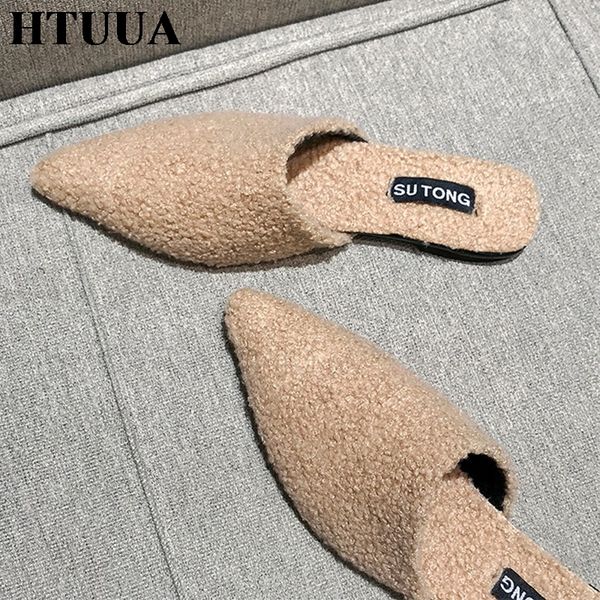 

htuua 2019 new fashion women slippers pointed toe mules shoes women slip on flat slipper indoor outside flip flop sx2021, Black