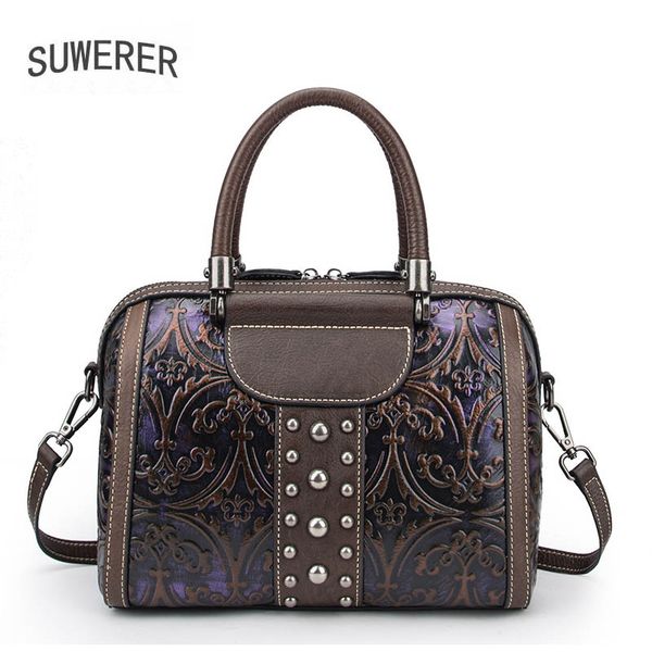 

suwerer handbags for women 2020 new genuine leather women bag real cowhide leather shoulder bag embossing retro tote
