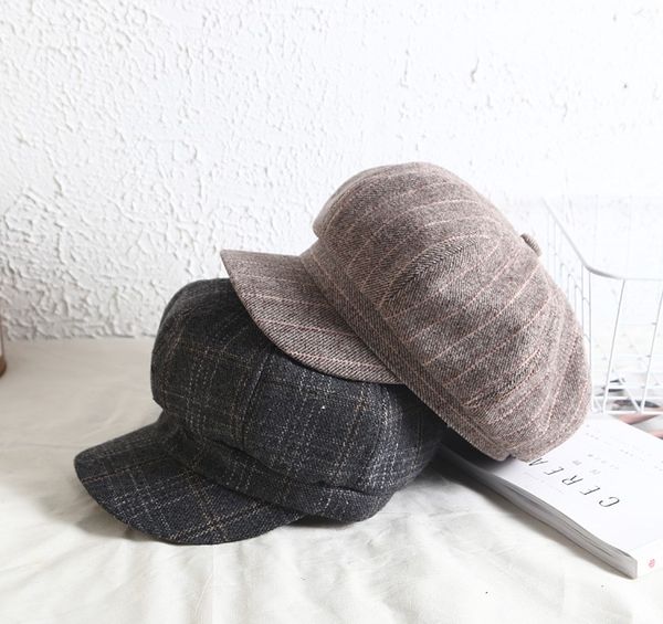 

korean version retro art octagonal hat autumn/winter couples design casual hat fashionable woolen plaid beret for trendy, Blue;gray