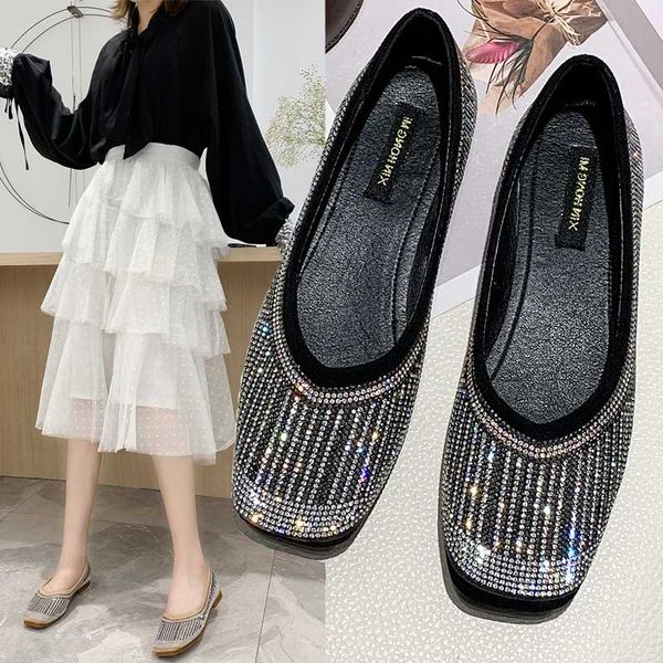 

2020 spring women flats bling boat shoes woman loafers square toe slip on flat shoes glitter ballet flats zapatos mujer 8018n, Black