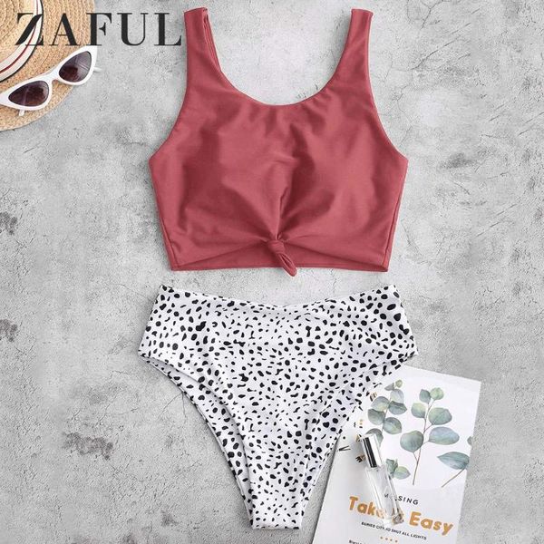 

bikinis set zaful cherry red women knot dalmatian print high waisted tankini swimsuit removable padded scoop neck cute tank swimwear