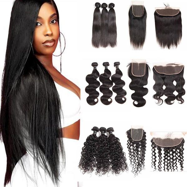 

brazilian virgin human hair bundles with closure straight body wave deep water wave loose deep 3 bundles with 13x4 frontal hair extensions, Black