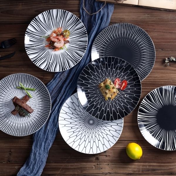 

japanese ceramic western steak ramen shallow dish home art black and white line steamed fish main dish handheld plate tableware