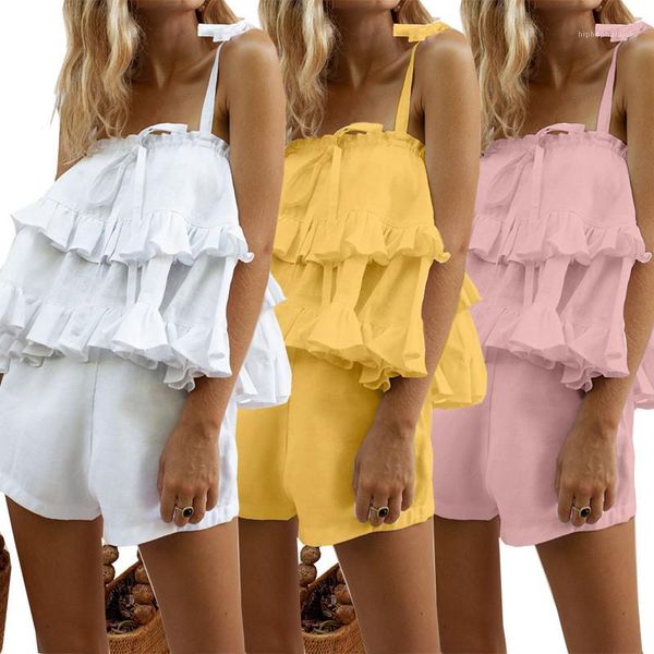 

sleeveless summer fashion womens tracksuits ruffle designer women tracksuits sweet 2 piece shorts solid color sling, White