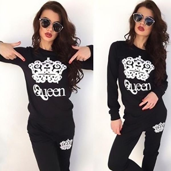 

casual autumn winter hoodies sets for women casual tracksuit pants two piece set queen crown ensemble female gray black convention