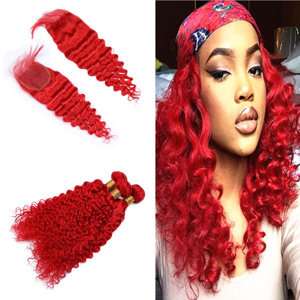 Ed Red Deep Curly Hair Weaves Bundles With Top Closure 4x4 Bright Red Color Deep Wave Hair Extensions With Closure From Avon Hair 226 54