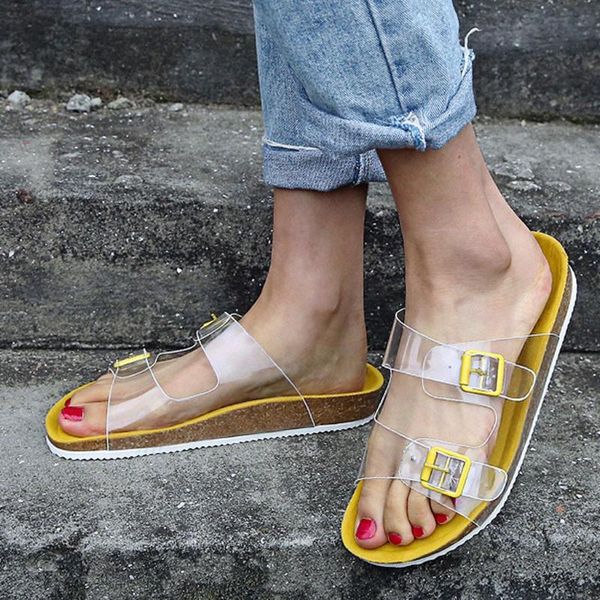 

2020 women's transparent sandal luxury clear flats shoes summer casual slides mules red ladies double strap sandalia rasteirinha, Black