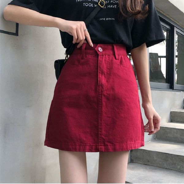 

summer skirts women ladies short mini skirt korean style denim skirt high waist vintage chic was thin solid color student, Black