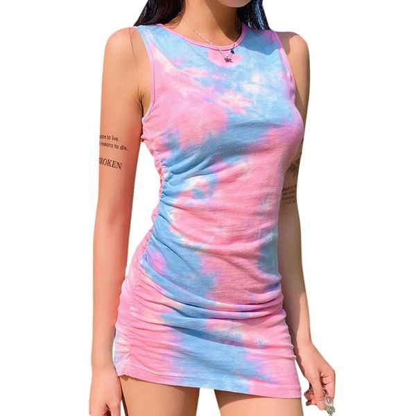

casual dresses women summer sleeveless bodycon mini tank dress contrast color gradient tie-dye print ruched asymmetric beach clubwear, Black;gray