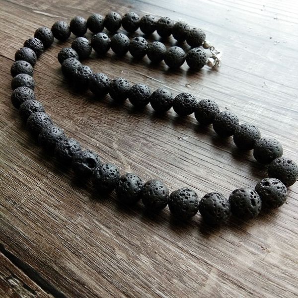 

vintage new design 8mm 10mm black volcanic lava rock beads chains necklace men jewelry, Silver