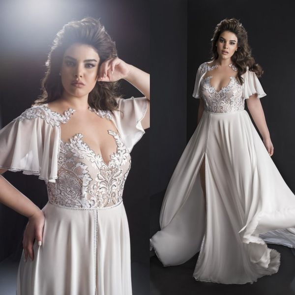 

a line wedding dress capped side split beads appliques chiffon plus size wedding dresses sweep train boho bridal gowns, White