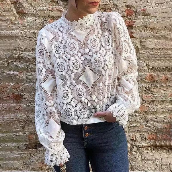 

jastie hollow out lace stand collar long sleeve shirts blouse floral embroidery white women shirts boho shirt bottoming