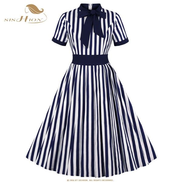 

sishion 2020 short sleeve women summer dress vd1436 vintage swing striped dress elegant ladies party sukienka, Black;gray