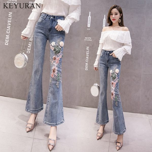 

2019 spring women jeans plus size 3d floral embroidery long trousers stretch high waist women denim flared pants female l2876, Blue
