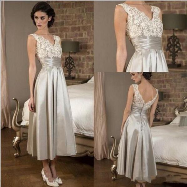 

mother of the bride dresses lace and satin v neck tea length mother formal party gowns under 100