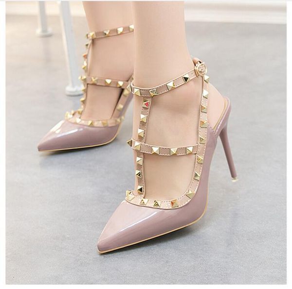 

2019 new rivets pumpsbrand designer metal rivets leather heel shoes t-strap pumps women sandals high heels ladies rivets shoes size 34-39, Black