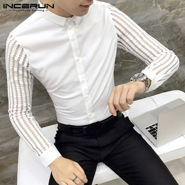 

fashion dress shirt men 2019 long sleeve lace patchwork lapel korean camisa fitness clubwear party men shirts s-5xl incerun, White;black