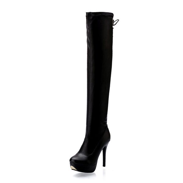 

2018 women boots stretch pu leather over the knee high ladies party high heels platform shoes woman black wine red size 43