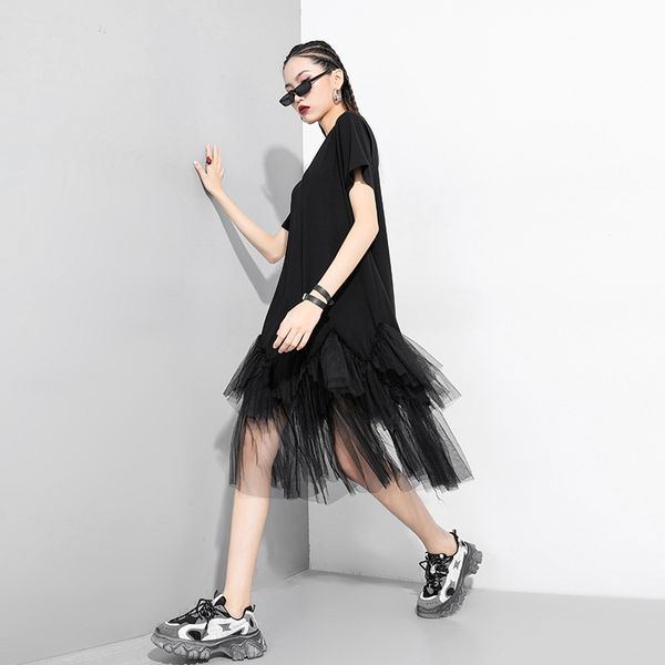 

womengaga 2020 summer the new patchwork solid color short round neck dress girl female trend leader loose casual cute q0019, Black;gray