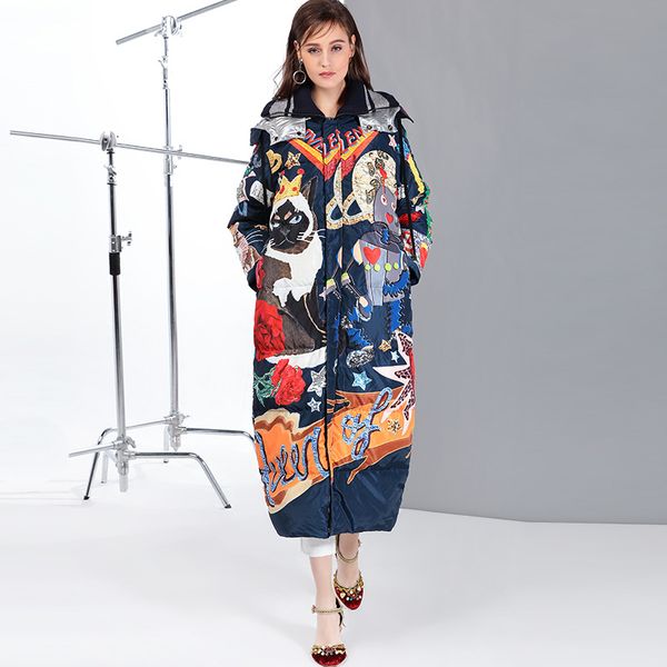 

2019 new temperament fashion loose parka print vintage x-long women down winter coat warm jacket female overcoat, Black