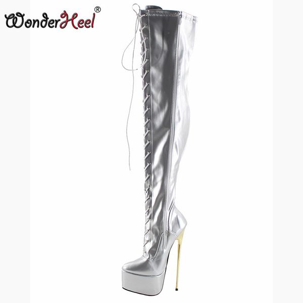 

wonderheel ultra high heel appr. 22cm thin heel matte leather lace up over the knee fetish 6cm platform thigh high boots, Black