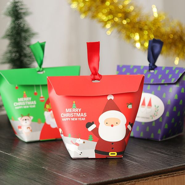 

10pcs merry christmas candy cookie boxes santa claus tapered tote with ribbons for gift giving present packaging party favors