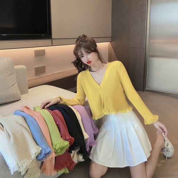 

2020 new summer thin korean chic lace stitching all-match short cardigan long sleeve sunscreen knitted t-shirt women, White