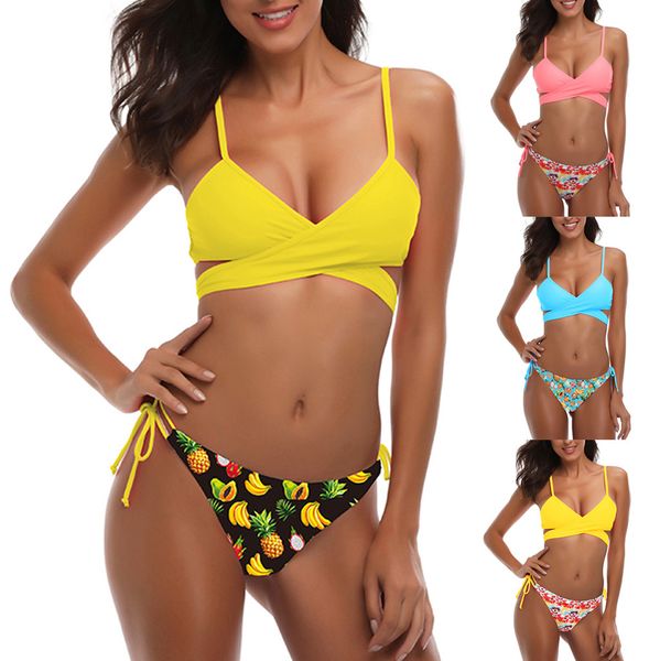 

bikini 2019 women padded fruit lace-up floral print beach suit bikini bathing swimwear bathing suit bathers biquini, White;black