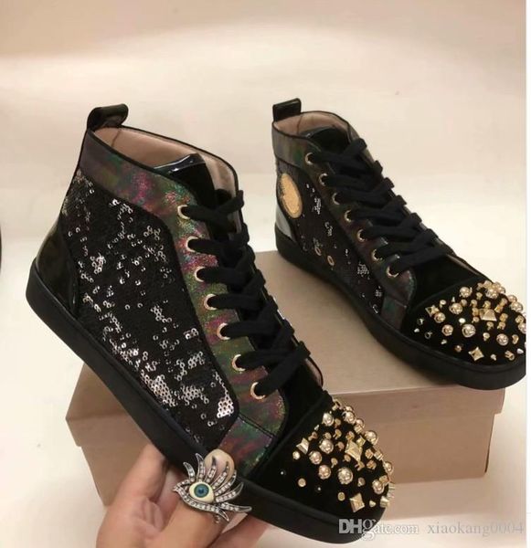 

classic studded shoes men red bottom sneakers white leather spikes gold sliver high flat men walking shoes 35-46 nv013, Black