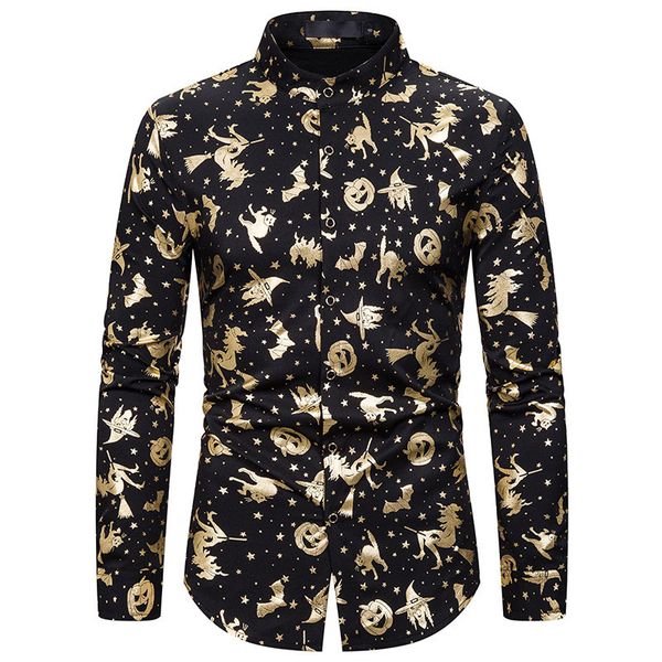 

shiny halloween men shirt bronzing witch pumpkin print shirts men fashion casual slim fit long sleeve party mens masculino, White;black
