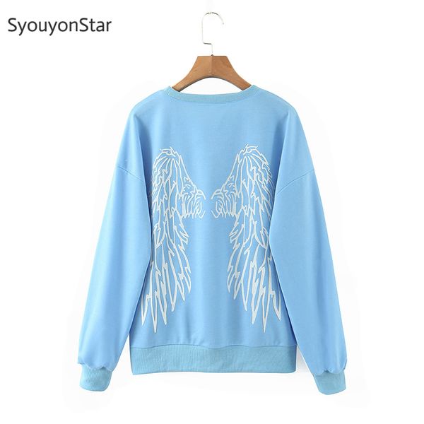 

women blue o-neck sweatshirt 2020 autumn wings print fashion pullovers ropa juvenil mujer, Black