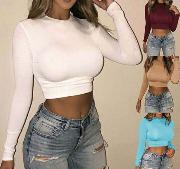 Langarm Bauchfrei Top T Shirts Einfarbig Rundhals Crop Top T Shirt Mode Frauen Kleidung Schwarz Weiß Drop schiff 220225