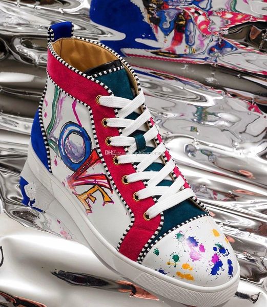 

italy genuine leather flat sneakers red bottom men shoes with white,black graffiti "love" print leather sneakers casual shoes luxu