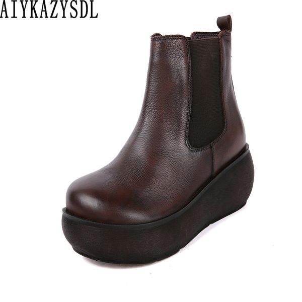 

aiykazysdl women chealsea ankle boots genuine real leather ankle boots platform wedge heel comfort shoes thick bottom bootie, Black