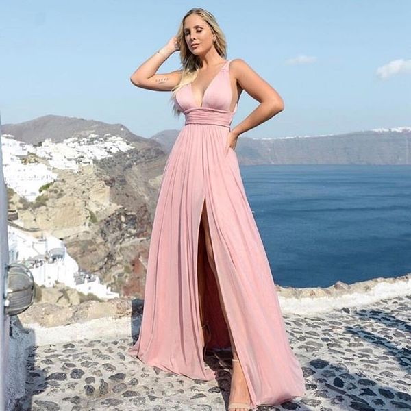 

pink chiffon bridesmaid wedding party gowns v neck a-line tank simple maid of honor dresses leg slit backless night party dress, White;pink
