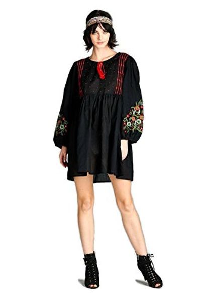 

velzera floral embroidered peasant tunic dress boho chic plus size, Black;gray