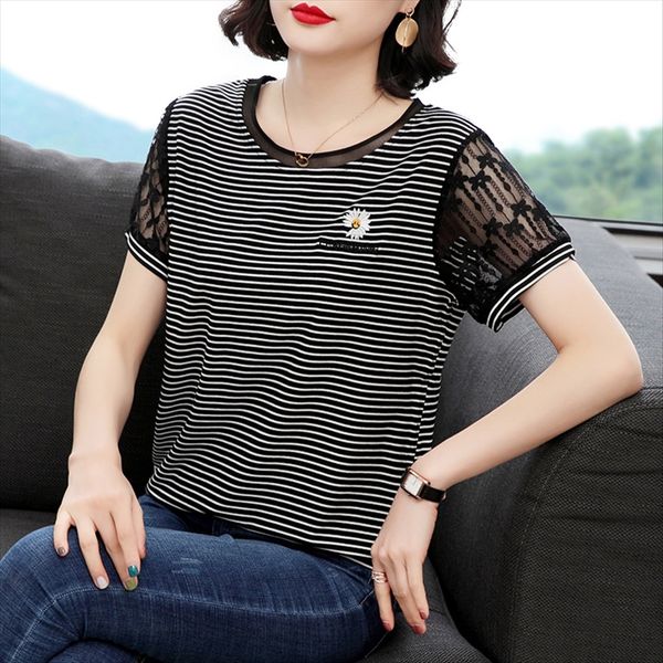 

black and white striped short-sleeved t-shirt female 2020 summer loose little daisy t-shirt mom mesh sleeve fashionable ins