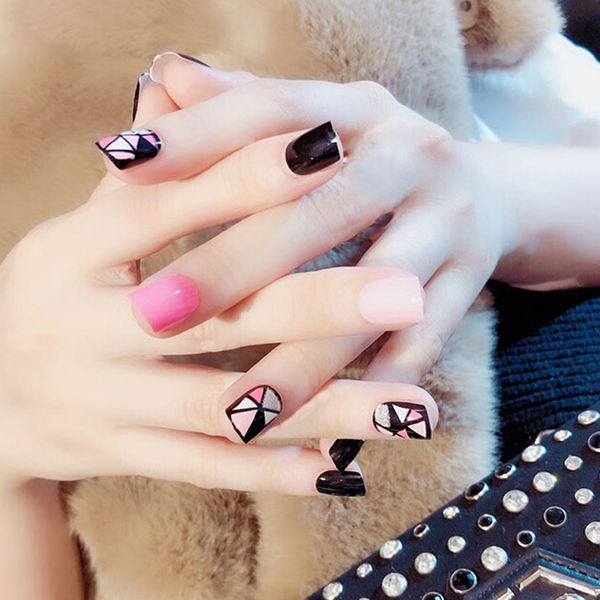 

24pcs/set pink/black false nails geometric pattren design wedding nail art acrylic full fake nail tips for girls, Red;gold