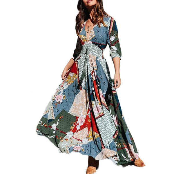 

long puff sleeves striped linen v neck midi dress women, Blue;gray
